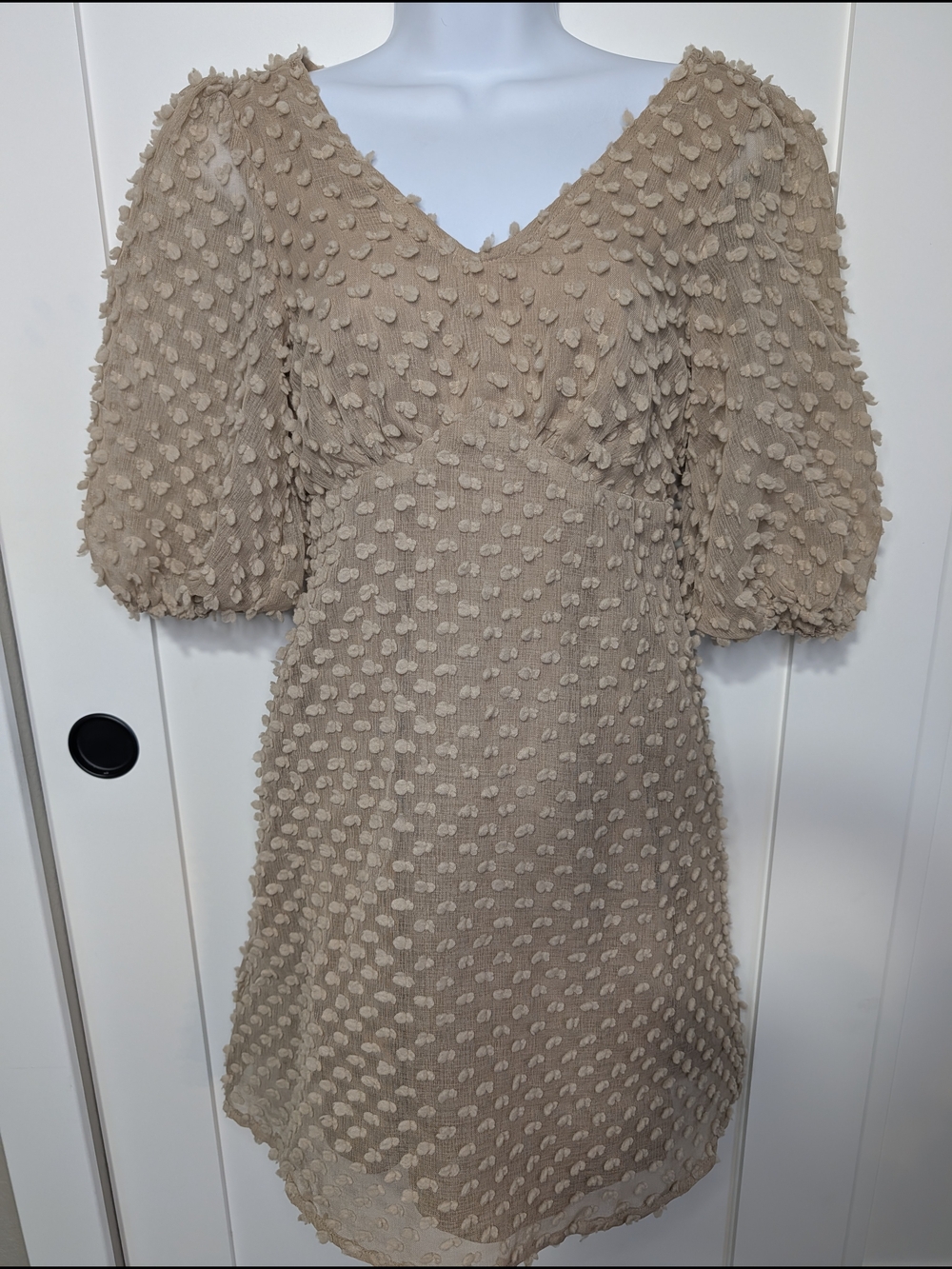 bohme Beige Textured Puff-Sleeve Mini Dress